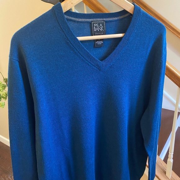 JOS A BANK Men's V-Neck Pullover Sweater Teal Blue 100% Merino Wool Size Large - Picture 1 of 11